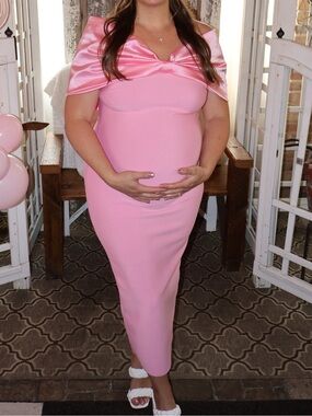Fashion Nova Pink Off-Shoulder Maternity Midi Dress
